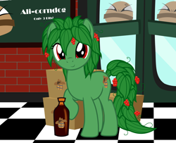 Size: 2516x2044 | Tagged: safe, artist:badumsquish, derpibooru exclusive, imported from derpibooru, oc, oc only, oc:sassie parilla, monster pony, original species, plant pony, pony, anger burger, barrel, berries, berry, bottle, box, burger, cowboy hat, cross-popping veins, diner, door, drink, female, food, hat, leaves, logo, looking at you, monster mare, plant mane, raised hoof, red eyes, restaurant, sarsaparilla, smiling, soda, soda bottle, solo, stetson