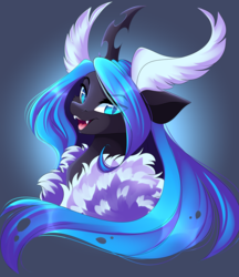 Size: 3840x4444 | Tagged: safe, artist:airiniblock, imported from derpibooru, oc, oc only, oc:moxithya, changeling, moth, mothling, mothpony, original species, blue changeling, bust, changeling oc, fangs, female, gradient background, looking at you, open mouth, rcf community, slit eyes, slit pupils, solo, species swap