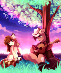 Size: 3732x4444 | Tagged: safe, artist:airiniblock, imported from derpibooru, oc, oc only, earth pony, pony, chest fluff, clothes, color porn, commission, female, grass, guitar, hat, male, mare, open mouth, rcf community, sky, smiling, stallion, tree