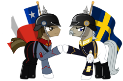 Size: 1024x674 | Tagged: safe, artist:brony-works, imported from derpibooru, pony, chile, clothes, facial hair, flag, male, moustache, pickelhaube, simple background, stallion, sweden, transparent background, uniform, vector