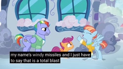 Size: 1920x1080 | Tagged: safe, edit, edited screencap, imported from derpibooru, screencap, bow hothoof, scootaloo, windy whistles, pegasus, pony, parental glideance, alternate name, caption, female, grammar error, mare, meme, youtube caption