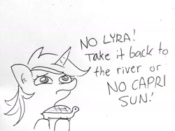 Size: 1440x1077 | Tagged: safe, artist:tjpones, imported from derpibooru, lyra heartstrings, pony, turtle, unicorn, begging, black and white, cute, dialogue, ear fluff, female, frown, grayscale, hoof hold, lineart, looking up, lyrabetes, mare, monochrome, offscreen character, puppy dog eyes, sad, sadorable, simple background, solo focus, text, traditional art, white background