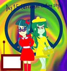 Size: 1500x1581 | Tagged: safe, artist:ktd1993, imported from derpibooru, juniper montage, wallflower blush, equestria girls, 1960s, 60s, beret, female, hat, juniblush, lesbian, shipping