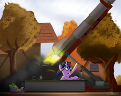 Size: 3574x2851 | Tagged: safe, artist:oinktweetstudios, imported from derpibooru, spike, twilight sparkle, alicorn, dragon, pony, female, glasses, i can't believe it's not sci-twi, male, mare, open mouth, rocket, rocket launcher, signature, sky, tree, twilight sparkle (alicorn), twilight's professional glasses