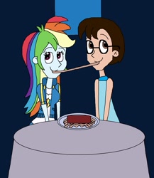 Size: 1273x1465 | Tagged: safe, artist:hunterxcolleen, imported from derpibooru, rainbow dash, oc, oc:stewart gary, human, equestria girls, equestria girls series, bella notte, eating, food, intestines, lady and the tramp, pasta, plate, spaghetti, table, tomato sauce