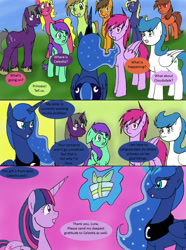 Size: 1000x1345 | Tagged: safe, artist:emilou1985, imported from derpibooru, princess luna, twilight sparkle, oc, alicorn, earth pony, pegasus, pony, unicorn, comic:signs, confused, crowd, female, floppy ears, happy, magic, magic aura, mare, present, rear view, twilight sparkle (alicorn)