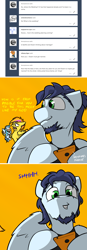 Size: 800x2292 | Tagged: safe, artist:captainhoers, imported from derpibooru, soarin', spitfire, oc, oc:concorde, pegasus, pony, firestarter spitfire, ask, baby, baby pony, beard, cellphone, comic, facial hair, family, female, filly, messy, nonbinary, offspring, orange background, parent:soarin', parent:spitfire, parents:soarinfire, phone, shipping, simple background, smartphone, soarinfire, straight, tumblr