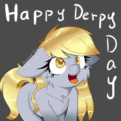 Size: 3000x3000 | Tagged: safe, artist:fajnyziomal, imported from derpibooru, derpy hooves, pegasus, pony, cheek fluff, colored pupils, cute, derpabetes, derpy day, derpy day 2019, female, floppy ears, gray background, looking up, mare, open mouth, signature, simple background, smiley face, smiling, solo