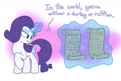 Size: 2400x1600 | Tagged: safe, artist:heir-of-rick, imported from derpibooru, rarity, pony, unicorn, :t, darling, dialogue, dreamworks face, eyeshadow, female, floating eyebrows, gradient background, levitation, lidded eyes, magic, makeup, mare, nose wrinkle, paper, raised eyebrow, raised hoof, ruffian, scroll, scrunchy face, simple background, smiling, smirk, solo, telekinesis, text, white background