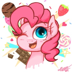 Size: 1280x1280 | Tagged: safe, artist:phoenixrk49, imported from derpibooru, pinkie pie, pony, blushing, bust, candy, chocolate, cute, diapinkes, female, food, heart, ice cream, lollipop, mare, one eye closed, open mouth, portrait, signature, solo, sprinkles, stars, strawberry, wink