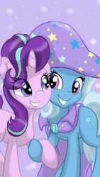 Size: 3072x5461 | Tagged: safe, artist:theroyalprincesses, imported from derpibooru, starlight glimmer, trixie, pony, unicorn, best friends, cape, clothes, cute, diatrixes, duo, eye clipping through hair, female, glimmerbetes, hat, holding hooves, looking at each other, mare, raised hoof, smiling, trixie's cape, trixie's hat