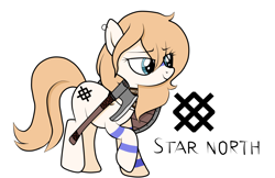 Size: 1700x1100 | Tagged: safe, artist:arrgus-korr, imported from derpibooru, oc, oc only, oc:star north, earth pony, pony, axe, base used, blue eyes, cutie mark, female, full body, mare, piercing, shield, simple background, smiling, solo, tattoo, viking, viking axe, weapon, white background
