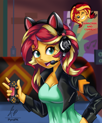Size: 833x1000 | Tagged: safe, artist:pyropk, imported from derpibooru, sunset shimmer, equestria girls, equestria girls series, game stream, spoiler:eqg series (season 2), clothes, controller, dualshock controller, female, gamer, gamer sunset, headphones, microphone, open mouth, playstation 4, room, shimmercode, solo, sunset gamer