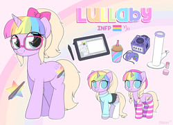 Size: 2983x2153 | Tagged: safe, artist:moozua, imported from derpibooru, oc, oc only, oc:lullaby tiara, pony, unicorn, alternate clothes, alternate costumes, bong, bow, cintiq, clothes, drink, female, freckles, gamecube, glasses, hair bow, implied drug use, looking at you, mare, pansexual, rainbow hair, reference sheet, smiling, socks, striped socks, sweater, tablet