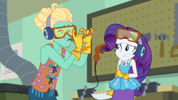 Size: 1920x1080 | Tagged: safe, imported from derpibooru, screencap, rarity, zephyr breeze, equestria girls, equestria girls series, schedule swap, spoiler:eqg series (season 2), arms, clothes, crosscut saw, drill, earmuffs, female, flute, geode of shielding, gloves, goggles, hammer, magical geodes, male, musical instrument, power tools, safety goggles, saw, tool board, vest, vise, workbench