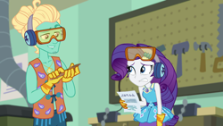 Size: 1920x1080 | Tagged: safe, imported from derpibooru, screencap, rarity, zephyr breeze, equestria girls, equestria girls series, schedule swap, spoiler:eqg series (season 2), clothes, female, geode of shielding, gloves, goggles, magical geodes, male, safety goggles, woodshop, zephyr's necklace