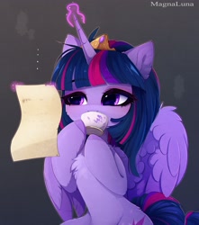 Size: 2200x2490 | Tagged: safe, artist:magnaluna, imported from derpibooru, twilight sparkle, alicorn, pony, chest fluff, cup, cute, drinking, female, glowing horn, magic, mare, reading, scroll, solo, teacup, telekinesis, twiabetes, twilight sparkle (alicorn)