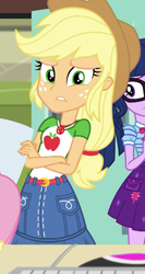 Size: 575x1079 | Tagged: safe, imported from derpibooru, screencap, applejack, fluttershy, sci-twi, twilight sparkle, equestria girls, equestria girls series, schedule swap, spoiler:eqg series (season 2), applejack's hat, clothes, cowboy hat, cropped, crossed arms, female, geode of super strength, hat, magical geodes, offscreen character, solo focus