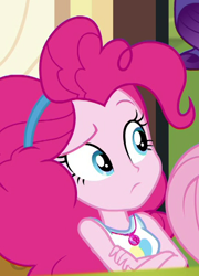 Size: 432x599 | Tagged: safe, imported from derpibooru, screencap, pinkie pie, rarity, equestria girls, equestria girls series, schedule swap, spoiler:eqg series (season 2), cropped, crossed arms, female, geode of sugar bombs, magical geodes, offscreen character, raised eyebrow