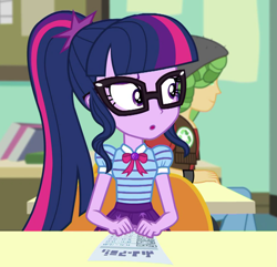 Size: 985x950 | Tagged: safe, imported from derpibooru, screencap, sandalwood, sci-twi, twilight sparkle, equestria girls, equestria girls series, schedule swap, spoiler:eqg series (season 2), clothes, cropped, female, geode of telekinesis, glasses, magical geodes, male, ponytail