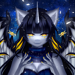 Size: 1500x1500 | Tagged: safe, artist:gyuumu, imported from derpibooru, oc, oc only, oc:starlit night, alicorn, anthro, alicorn oc, anthro oc, female, looking at you, mare, nail polish, night, smiling, solo, stars, wings