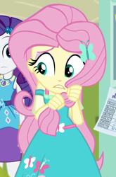 Size: 540x819 | Tagged: safe, imported from derpibooru, screencap, fluttershy, rarity, equestria girls, equestria girls series, schedule swap, spoiler:eqg series (season 2), cropped, cute, female, geode of shielding, hair grab, magical geodes, shyabetes