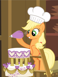 Size: 707x939 | Tagged: safe, imported from derpibooru, screencap, applejack, earth pony, pony, a canterlot wedding, season 2, bipedal, chef's hat, cropped, cute, female, food, freckles, frosting, hat, ladder, mare, raised hoof, solo, wedding cake