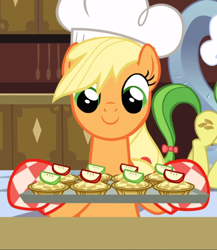 Size: 816x938 | Tagged: safe, imported from derpibooru, screencap, applejack, earth pony, pony, a canterlot wedding, apple fritter (food), baking sheet, chef's hat, cropped, cute, female, food, hat, jackabetes, mare, oven mitts, smiling, solo focus