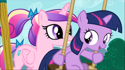 Size: 1669x940 | Tagged: safe, imported from derpibooru, screencap, princess cadance, twilight sparkle, pony, unicorn, a canterlot wedding, cropped, cute, duo, female, filly, filly twilight sparkle, open mouth, smiling, swing, unicorn twilight, younger