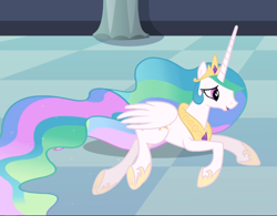 Size: 1140x888 | Tagged: safe, imported from derpibooru, screencap, princess celestia, alicorn, pony, a canterlot wedding, cropped, female, lying down, mare, prone, solo