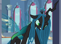 Size: 1294x938 | Tagged: safe, imported from derpibooru, screencap, queen chrysalis, changeling, changeling queen, a canterlot wedding, season 2, cropped, evil grin, female, grin, looking out the window, quadrupedal, smiling, solo