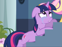 Size: 609x461 | Tagged: safe, imported from derpibooru, screencap, twilight sparkle, pony, unicorn, a canterlot wedding, season 2, cropped, crying, female, floppy ears, looking up, offscreen character, petting, sad, solo focus, stairs, unicorn twilight