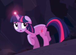 Size: 1057x771 | Tagged: safe, imported from derpibooru, screencap, twilight sparkle, pony, unicorn, a canterlot wedding, cropped, crystal caverns, female, floppy ears, glowing horn, light, light spell, mare, raised hoof, scared, solo, unicorn twilight