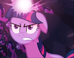 Size: 1200x938 | Tagged: safe, imported from derpibooru, screencap, twilight sparkle, pony, unicorn, a canterlot wedding, angry, cropped, crystal caverns, female, floppy ears, glowing horn, gritted teeth, mare, reflection, sparking horn, unicorn twilight