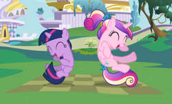 Size: 1396x841 | Tagged: safe, imported from derpibooru, screencap, princess cadance, twilight sparkle, alicorn, pony, unicorn, a canterlot wedding, ^^, cropped, cute, cutedance, duo, eyes closed, female, filly, filly twilight sparkle, midair, smiling, sunshine sunshine, twiabetes, unicorn twilight, younger