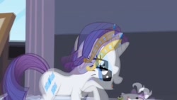 Size: 1024x576 | Tagged: safe, imported from derpibooru, screencap, opalescence, rarity, sweet and elite, becoming popular, interlaced, jewelry, tiara