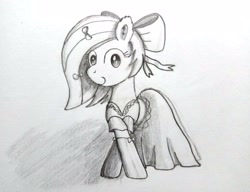 Size: 3084x2368 | Tagged: safe, artist:lunie/elonrie, artist:syndyfon, imported from derpibooru, oc, oc:aurora fuse, pony, bow, clothes, dress, gloves, lineart, monochrome, traditional art