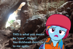 Size: 1077x734 | Tagged: safe, artist:didgereethebrony, imported from derpibooru, rainbow dash, pony, borenore caves, didgeree collection, helmet, implied didgeree, irl, mlp in australia, offscreen character, photo, ponies in real life, solo, vulgar