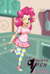 Size: 2320x3420 | Tagged: safe, artist:horsepen, imported from derpibooru, pinkie pie, human, clothes, converse, cute, diapinkes, female, humanized, miniskirt, moe, pleated skirt, shoes, skirt, socks, solo, striped socks, sugarcube corner, thigh highs, zettai ryouiki