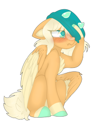 Size: 3072x4096 | Tagged: safe, artist:missclaypony, imported from derpibooru, oc, oc only, pegasus, pony, blushing, chest fluff, colored hooves, female, floppy ears, hat, mare, simple background, sitting, solo, three quarter view, transparent background, two toned wings