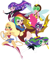 Size: 816x979 | Tagged: safe, artist:rosesweety, imported from derpibooru, applejack, fluttershy, pinkie pie, rainbow dash, rarity, twilight sparkle, equestria girls, batgirl, bumblebee, bumblebee (dc comics), clothes, costume, dc comics, dc superhero girls, flutterbee, green lantern, humane five, humane six, supergirl, wonder woman, wonderjack, zatanna