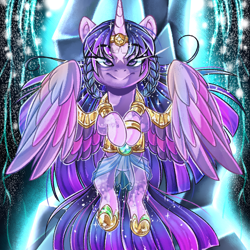 Size: 1984x1983 | Tagged: safe, artist:schokocream, imported from derpibooru, tree of harmony, twilight sparkle, alicorn, pony, twilight's kingdom, female, gold, magic, mare, powerful, princess, solo, twilight sparkle (alicorn), wings