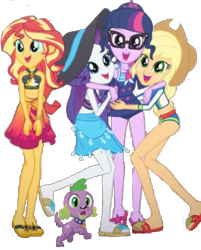 Size: 1644x2048 | Tagged: safe, edit, edited screencap, editor:php77, imported from derpibooru, screencap, applejack, rarity, sci-twi, spike, spike the regular dog, sunset shimmer, twilight sparkle, dog, equestria girls, equestria girls series, forgotten friendship, bad edit, clothes, feet, flip-flops, hat, not a vector, sarong, spike's dog collar, sun hat, swimsuit