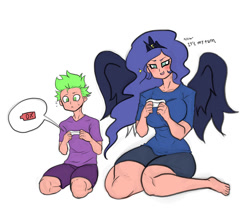 Size: 1393x1169 | Tagged: safe, artist:franschesco, imported from derpibooru, princess luna, spike, human, gamer luna, alicorn humanization, breasts, busty princess luna, console, dead battery, horned humanization, humanized, winged humanization, wings