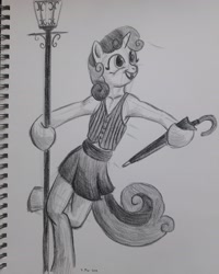 Size: 2448x3060 | Tagged: safe, artist:rockhoppr3, imported from derpibooru, sweetie belle, semi-anthro, chicago, clothes, female, lamppost, monochrome, singin' in the rain, singing in the rain, solo, streetlight, traditional art, umbrella