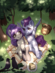 Size: 2791x3672 | Tagged: safe, artist:aphphphphp, imported from derpibooru, oc, oc only, oc:gaysi, oc:mill, bird, pegasus, pony, basket, bow, bowtie, dappled sunlight, female, food, freckles, gayll, looking at each other, male, mare, oc x oc, picnic, sandwich, shipping, sitting, stallion, straight, tree