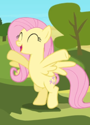 Size: 420x582 | Tagged: safe, imported from derpibooru, screencap, fluttershy, pegasus, pony, the crystal empire, bipedal, cropped, cute, eyes closed, female, mare, open mouth, prancing, shyabetes, smiling, spread hooves