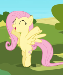 Size: 515x614 | Tagged: safe, imported from derpibooru, screencap, fluttershy, pegasus, pony, the crystal empire, bipedal, cropped, cute, eyes closed, female, mare, prancing, shyabetes, smiling