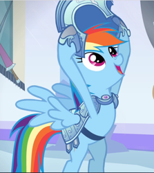 Size: 842x942 | Tagged: safe, imported from derpibooru, screencap, rainbow dash, pegasus, pony, the crystal empire, armor, bipedal, cropped, crystal guard armor, female, helmet, looking up, mare, open mouth, royal guard armor, smiling, solo