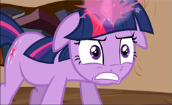 Size: 1533x940 | Tagged: safe, imported from derpibooru, screencap, twilight sparkle, pony, unicorn, the crystal empire, angry, book, close-up, cropped, ears back, female, floppy ears, glowing horn, golden oaks library, gritted teeth, magic, magic aura, mare, solo, unicorn twilight